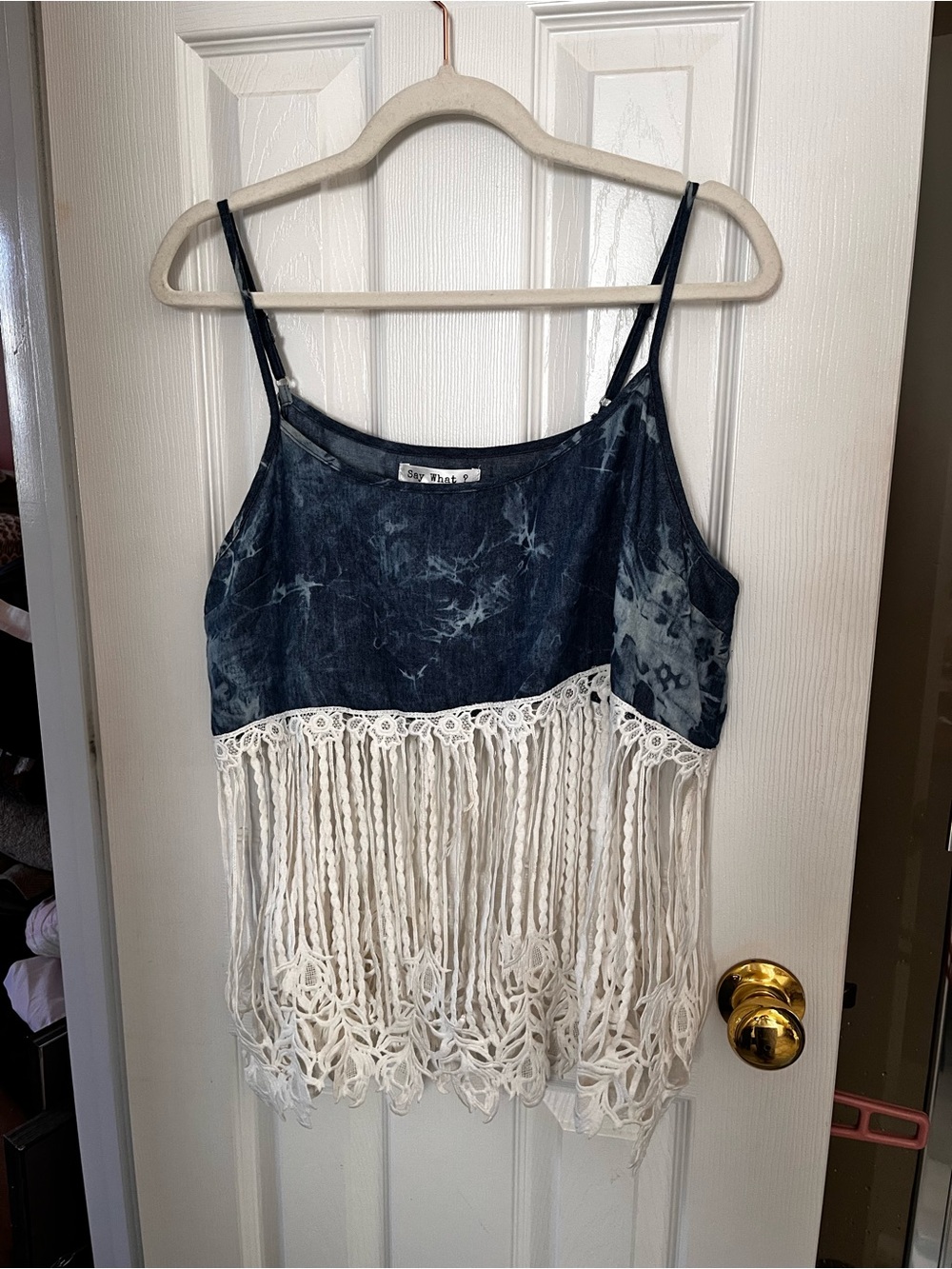 Say What? Navy Tie-Dye Camisole with White Crochet Fringe